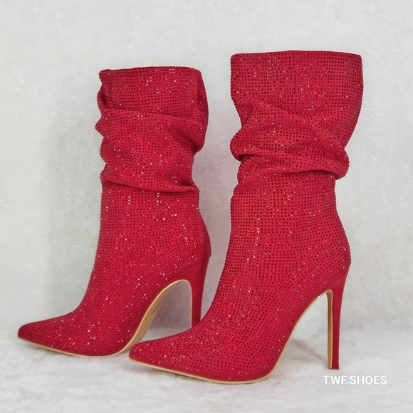 Resolve Sparkling Red Rhinestone High Heel Slouch Calf Boots New Years Bling - Picture 16 of 17